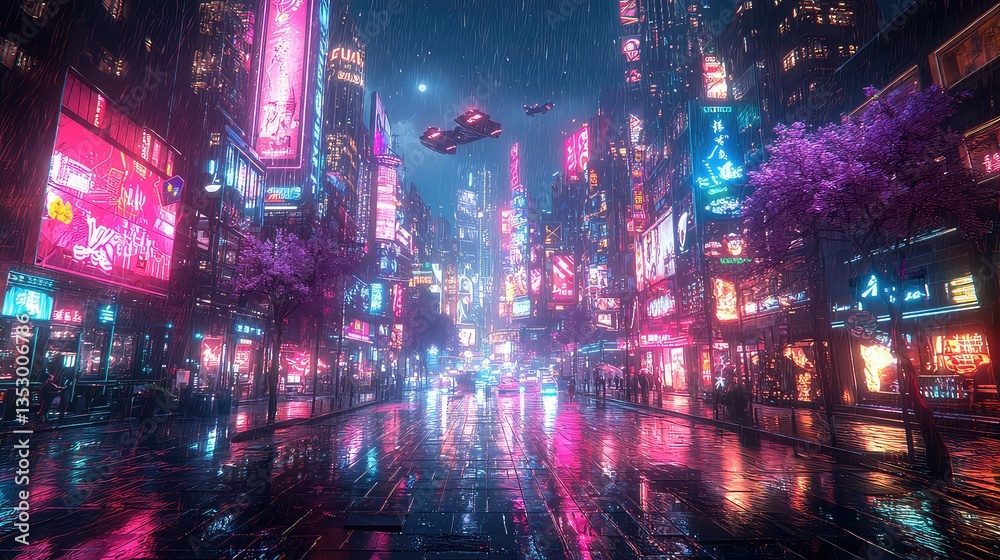Obraz premium Cyberpunk city street at night, raining, flying car, neon signs, urban landscape, futuristic background, ideal for sci-fi game backgrounds