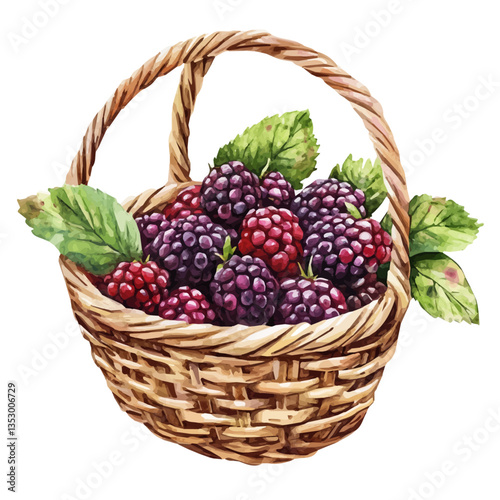 Marionberry Basket, watercolor illustration, isolated on a white background.