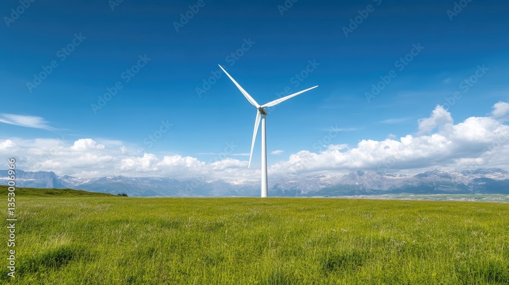 Wind turbine on a grassy field against a vibrant blue sky. Mountain range in the background Wind turbine on a grassy field against a vibrant blue sky. Mountain range in the background