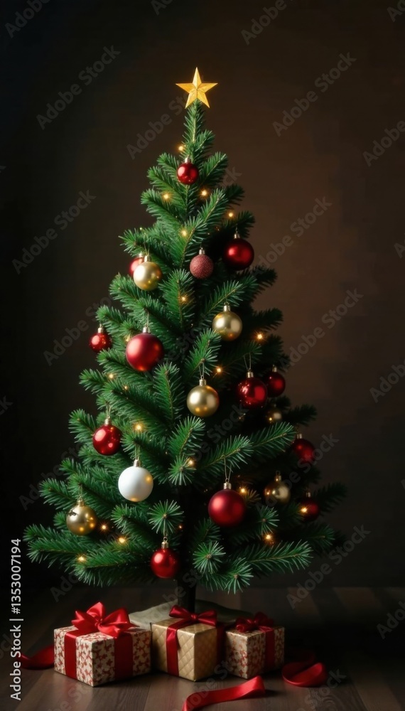 evergreen Christmas tree with ornaments against dark brown background, Brown, Seasonal evergreen Christmas tree with ornaments against dark brown background, Brown, Seasonal