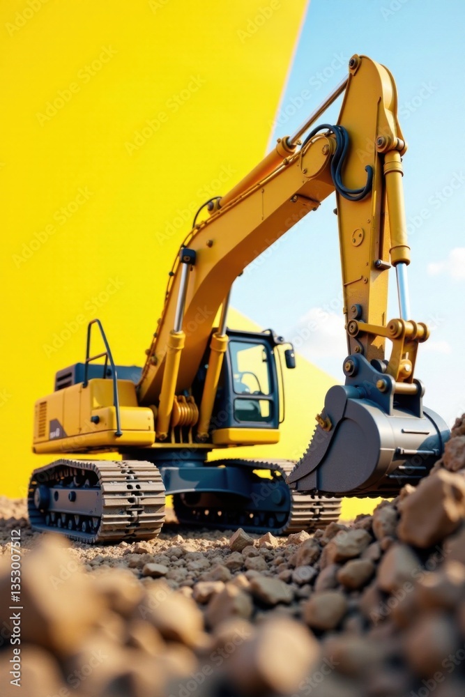 excavator working on a construction site with yellow background, construction site, bulldozer excavator working on a construction site with yellow background, construction site, bulldozer