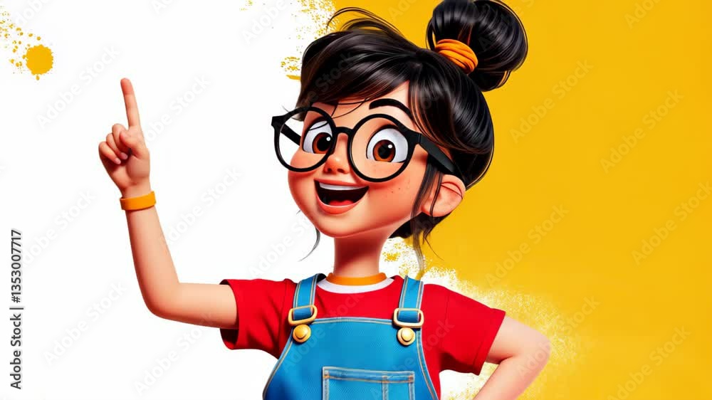 A cheerful girl in glasses and blue overalls points the way forward, showcasing a fun and casual vibe in a bright illustration.