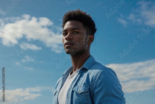 Personality Type Portrait on Sky Blue Background Featuring Calm Focused Expression