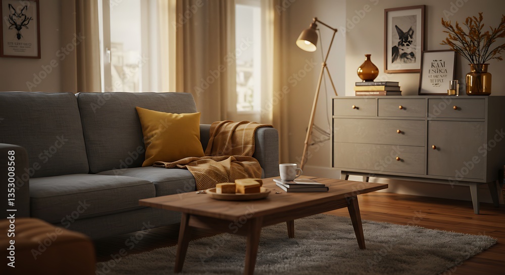 Obraz premium Stylish boho living room with a gray sofa, wooden coffee table, commode, and elegant accessories. Honey yellow pillow and plaid add warmth. Cozy apartment decor.