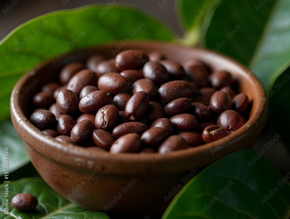 Rich cacao beans in textured bowl, surrounded Rich cacao beans in textured bowl, surrounded