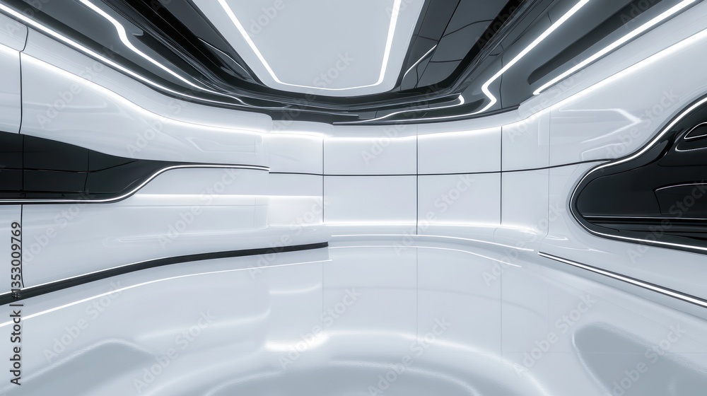 Modern sleek interior design with high-tech features and reflective surfaces in a futuristic space environment Modern sleek interior design with high-tech features and reflective surfaces in a futuristic space environment