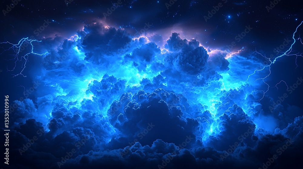 Dramatic blue lightning storm clouds at night.