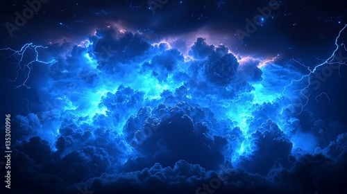 Dramatic blue lightning storm clouds at night.