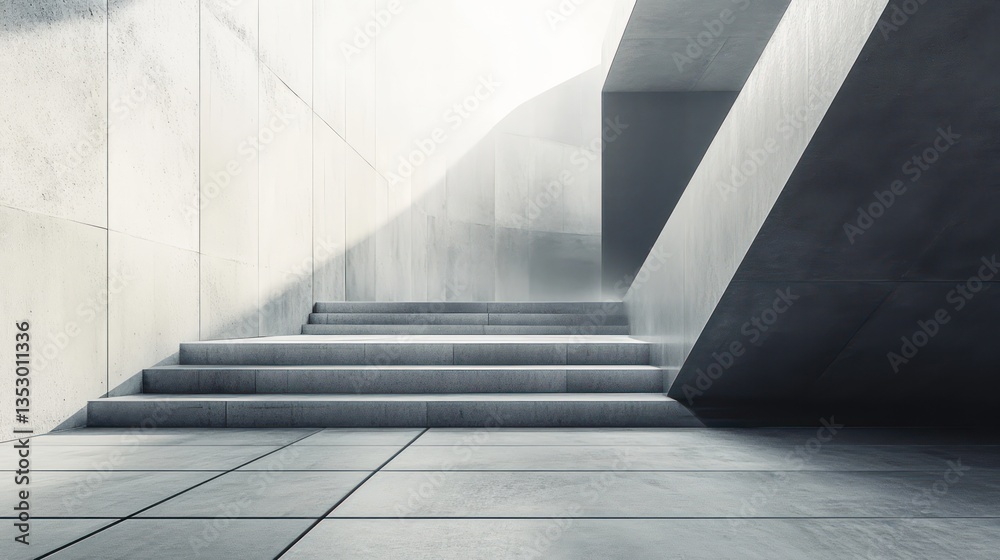 Obraz premium Modern Concrete Staircase, Sunlight Interior, Architectural Design, Photorealistic, Empty Space, Use Stock Photo