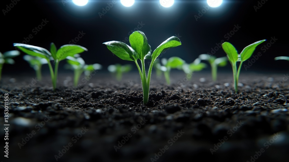 Fototapeta premium Young plants sprout from dark soil, illuminated