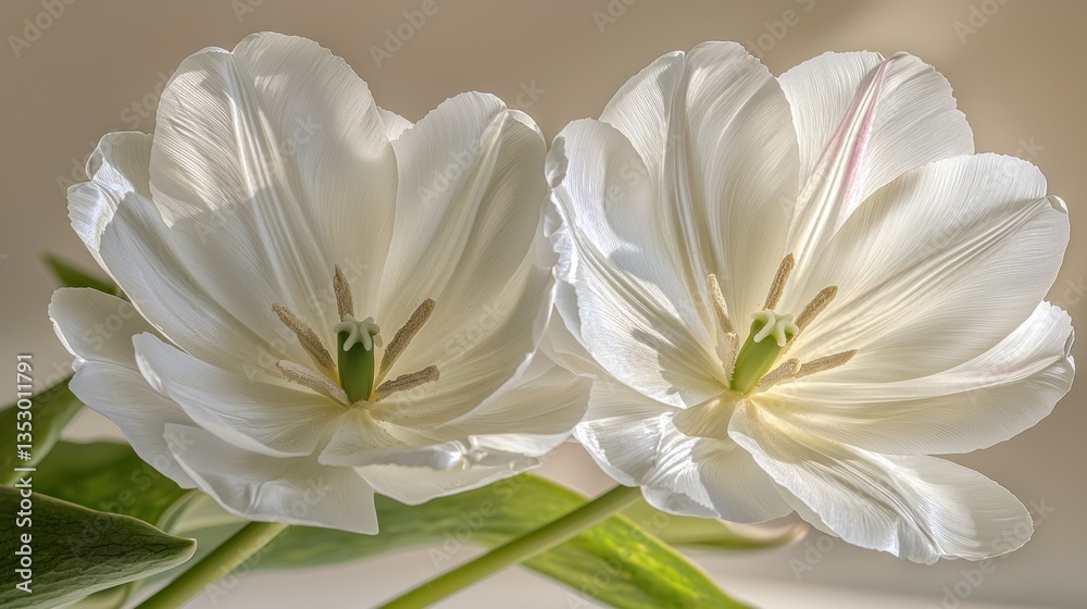 Fototapeta premium Two pristine white tulips in full bloom with natural light creating soft shadows