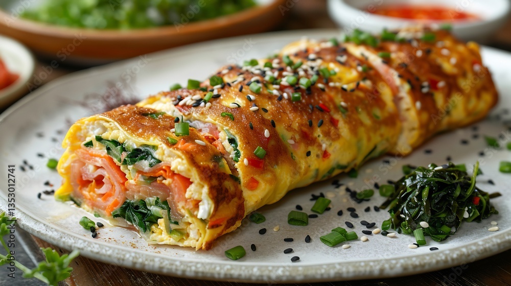 Korean gyeran mari rolled egg omelette vegetables sliced and plated on white ceramic Korean gyeran mari rolled egg omelette vegetables sliced and plated on white ceramic