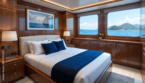 Luxurious yacht cabin interior featuring a comfortable bed, elegant wooden paneling, and a scenic ocean view through large windows, creating a serene and inviting travel atmosphere
