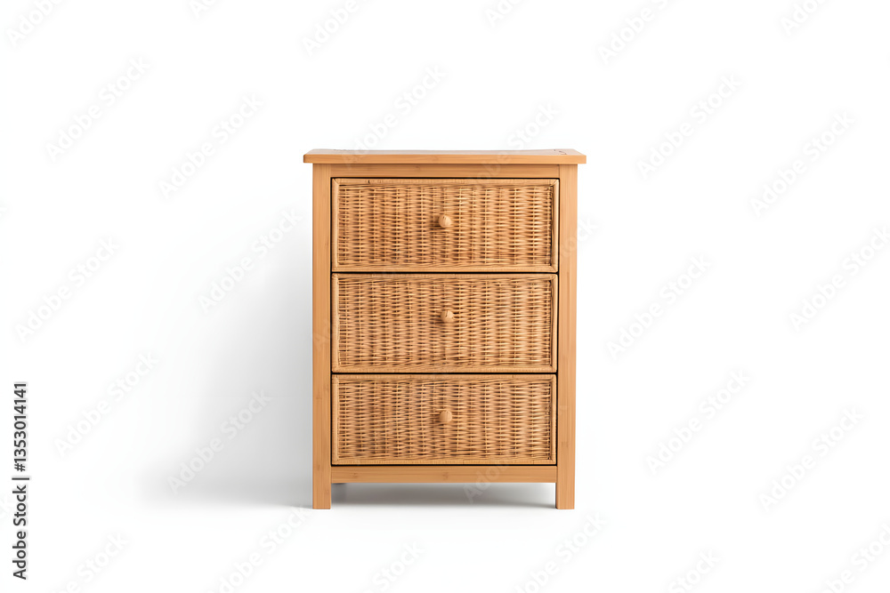 three-drawer rattan storage unit with natural woven finish against clean white background three-drawer rattan storage unit with natural woven finish against clean white background