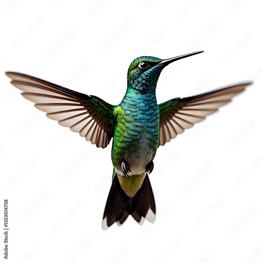 Fototapeta premium Vibrant hummingbird in mid-flight with outstretched wings on transparent background
