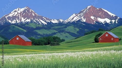 Two red barns stand beneath snow capped mountain peaks in nature