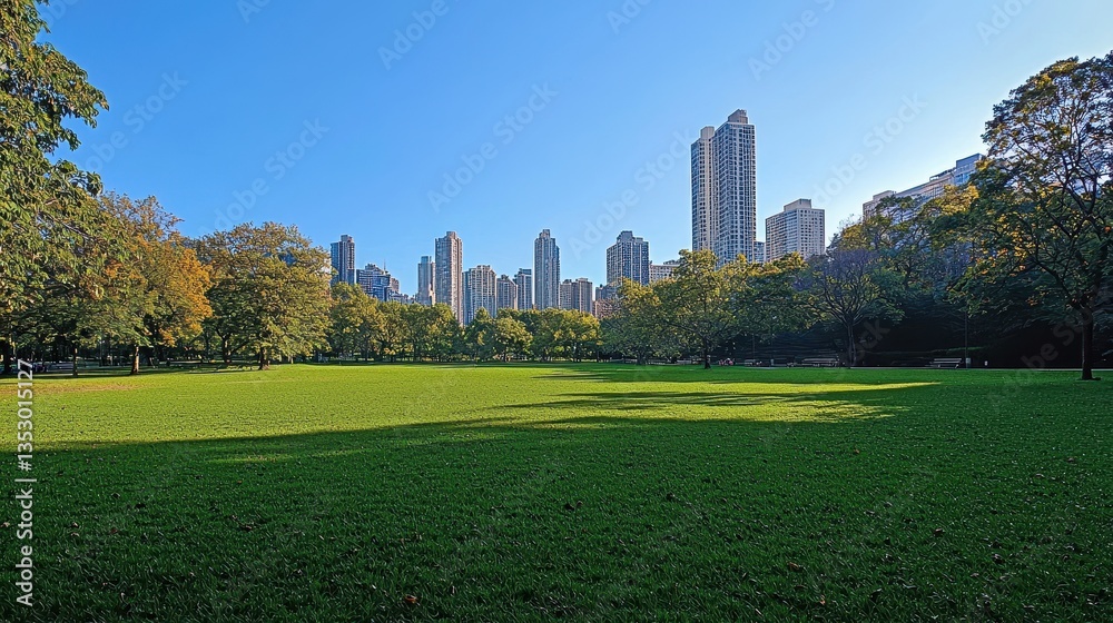 Lush park landscape with city skyline. Tranquil green space under a clear sky, framed by trees, creating a peaceful urban oasis. Lush park landscape with city skyline. Tranquil green space under a clear sky, framed by trees, creating a peaceful urban oasis.