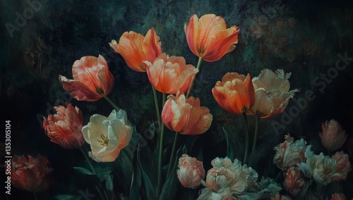 Vibrant tulips in muted tones, studio still life, dark background