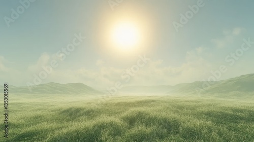 Serene Landscape with Green Grass Under Bright Morning Sunlight and Soft Clouds in a Tranquil Atmosphere