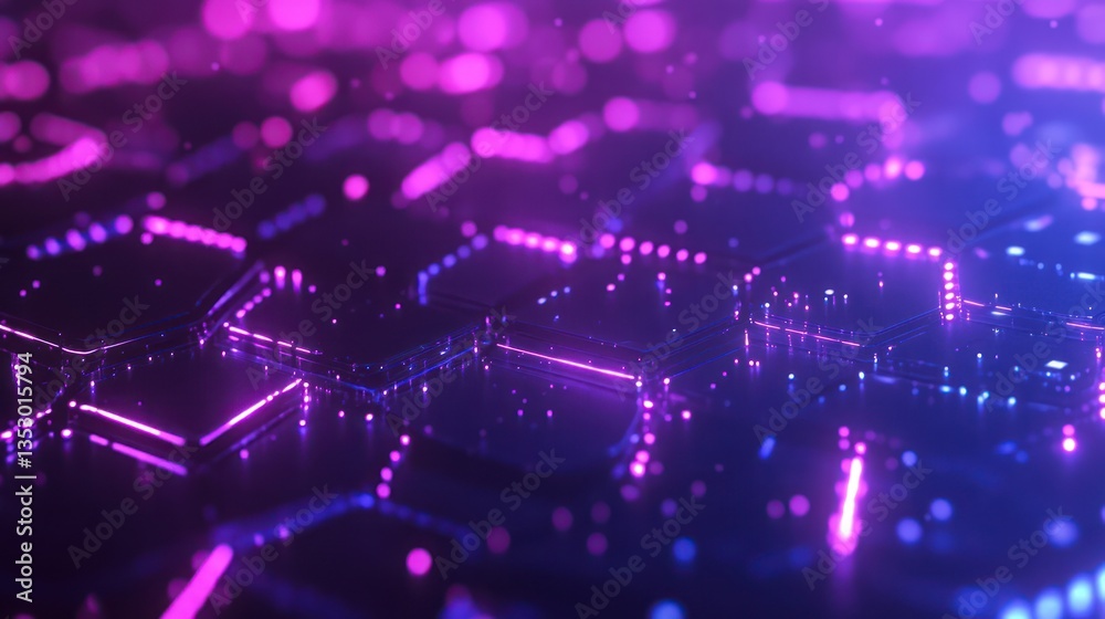 Obraz premium Abstract Hexagonal Pattern with Neon Lights. Futuristic Design Background. Stock Photo