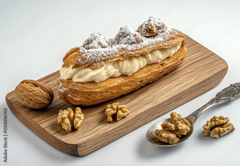 Fototapeta premium Delicious cream-filled pastry with walnuts on a wooden board, dusted with powdered sugar for a delightful dessert presentation and gastronomic appeal
