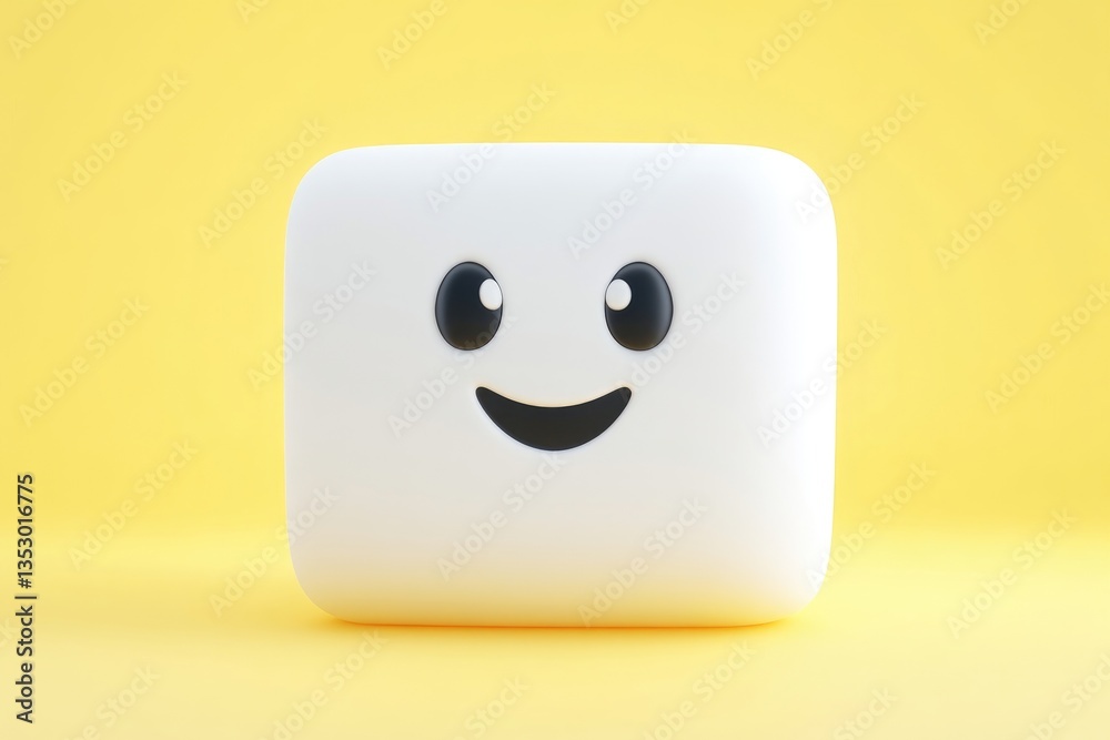Fototapeta premium Smiling white box emoji on yellow background