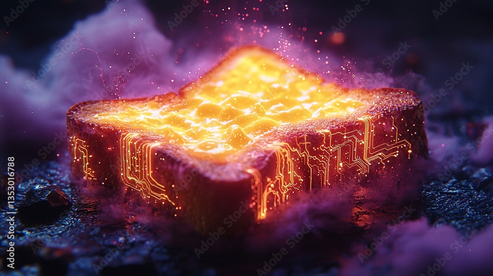 Glowing bread slice with circuit board inside, emitting sparks and smoke.