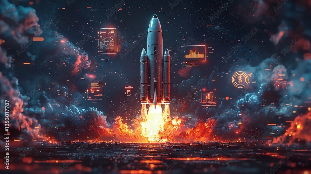 Futuristic rocket launching through fiery clouds, surrounded by digital interfaces.