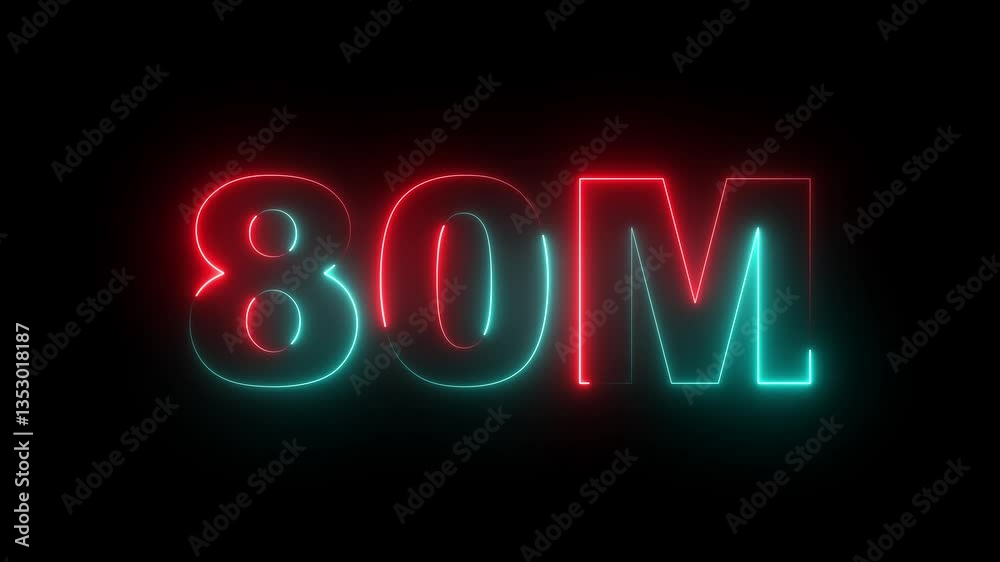 80M followers neon glowing text animation – Social media achievement animation with neon light effect on black background 80M followers neon glowing text animation – Social media achievement animation with neon light effect on black background
