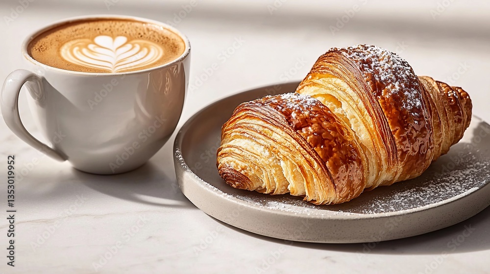 Coffee cup and croissant on marble table.