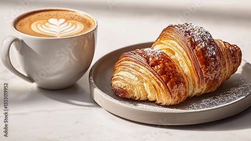 Obraz na płótnie Coffee cup and croissant on marble table. w salonie