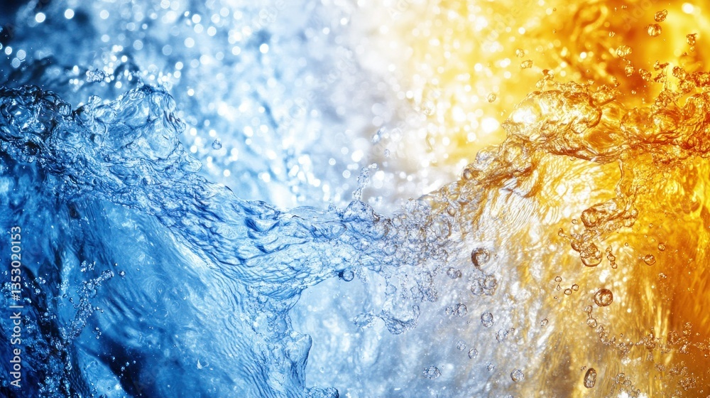 Obraz premium Water splashes, blue turns to golden, energy and motion with clear drops