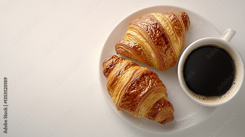 Two golden croissants and black coffee on white plate.