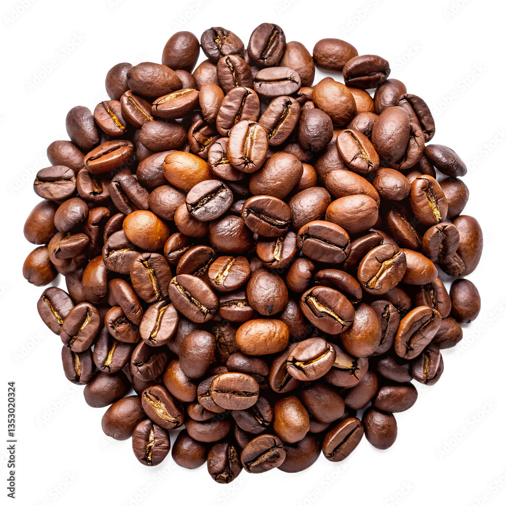Fototapeta premium Aromatic Roasted Coffee Beans Close Up Top View Image isolated on white or transparent background