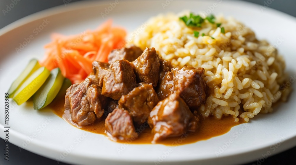 Japanese curry rice tender beef chunks served with a side of pickled ginger on a sleek white plate Japanese curry rice tender beef chunks served with a side of pickled ginger on a sleek white plate