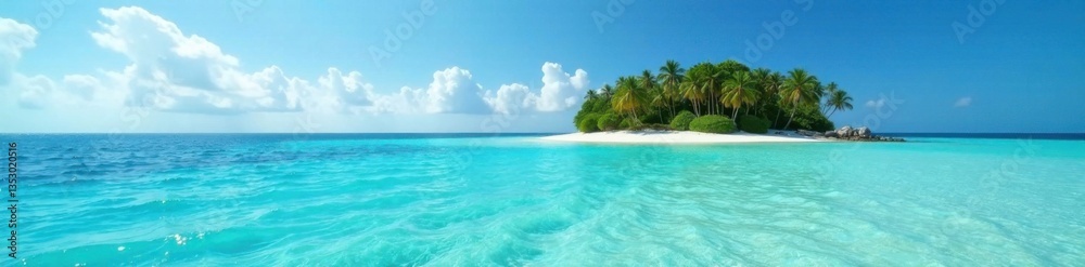 Island in the distance with turquoise waters lapping at its shores, distant, beach Island in the distance with turquoise waters lapping at its shores, distant, beach