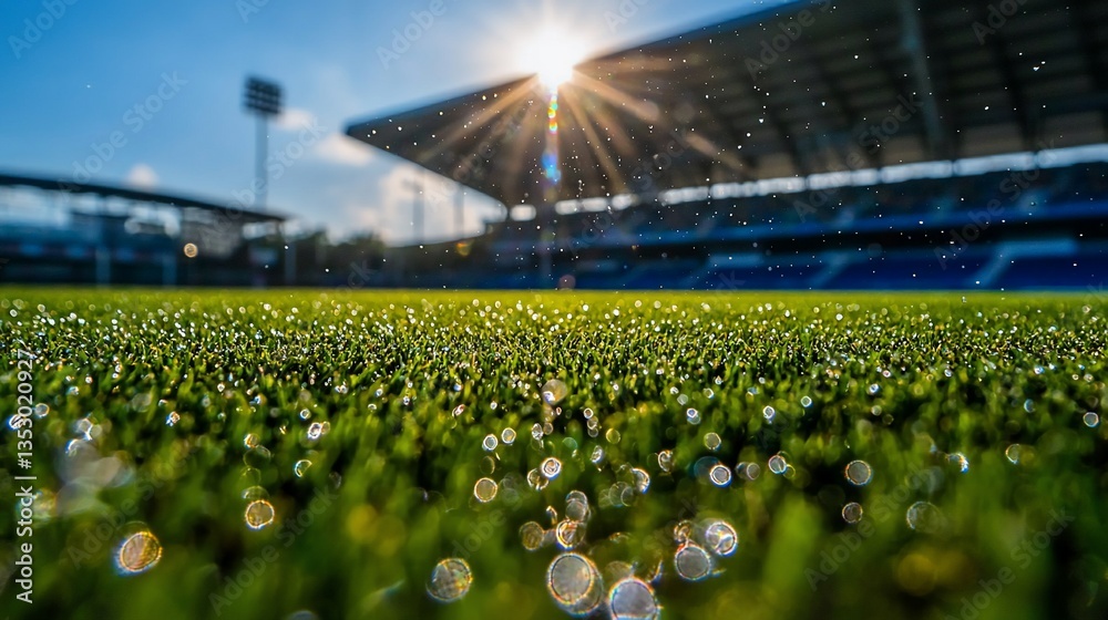 Dew-covered artificial turf close-up of a soccer stadium.