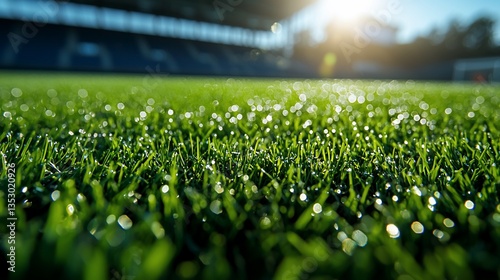 Obraz na płótnie Lush green grass field at sunrise, stadium background. w salonie