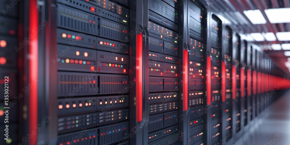 Server Room Data Center: A striking perspective of a modern server room, showcasing rows of powerful servers with illuminated panels. Server Room Data Center: A striking perspective of a modern server room, showcasing rows of powerful servers with illuminated panels.