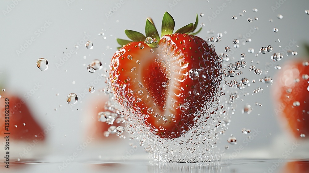 Halved strawberry splashing in water.