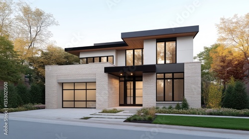 Modern luxury home exterior.  Features contemporary architecture,  light-toned stone facade,  dark accents,  large windows,  and a spacious driveway.  Set amongst mature trees photo