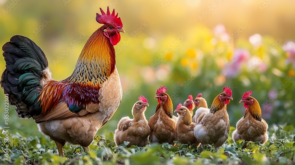Rooster protecting hens and chicks in a garden.