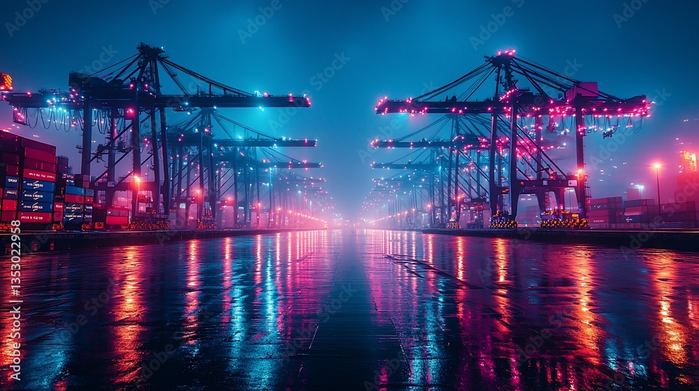 Night scene at a shipping port with vibrant lights reflecting on wet ground.