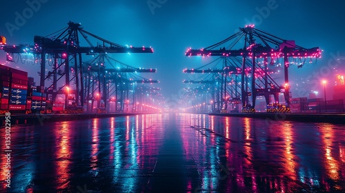 Obraz na płótnie Night scene at a shipping port with vibrant lights reflecting on wet ground. w salonie