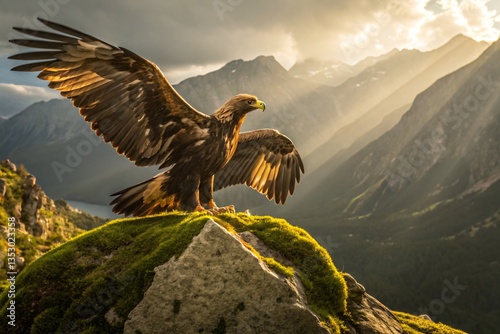 Majestic Eagle on Mossy Perch: Soaring Over Sunlit Mountain Majesty photo