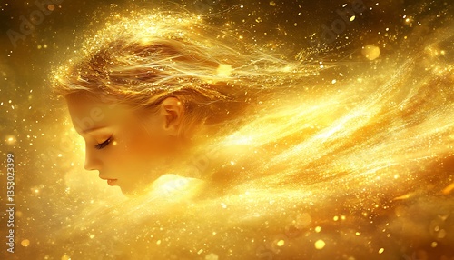 Beautiful woman with flowing gold hair and radiant luminosity