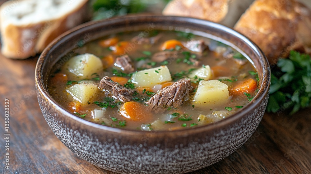 Hearty beef stew in bowl with bread.