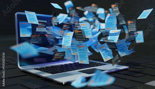 Data Explosion: An artistic visual showcasing a laptop with documents bursting forth, symbolizing information overload. Evokes the dynamism of digital communication.