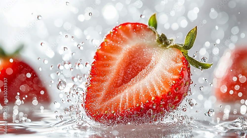 Juicy halved strawberry splashing in water.