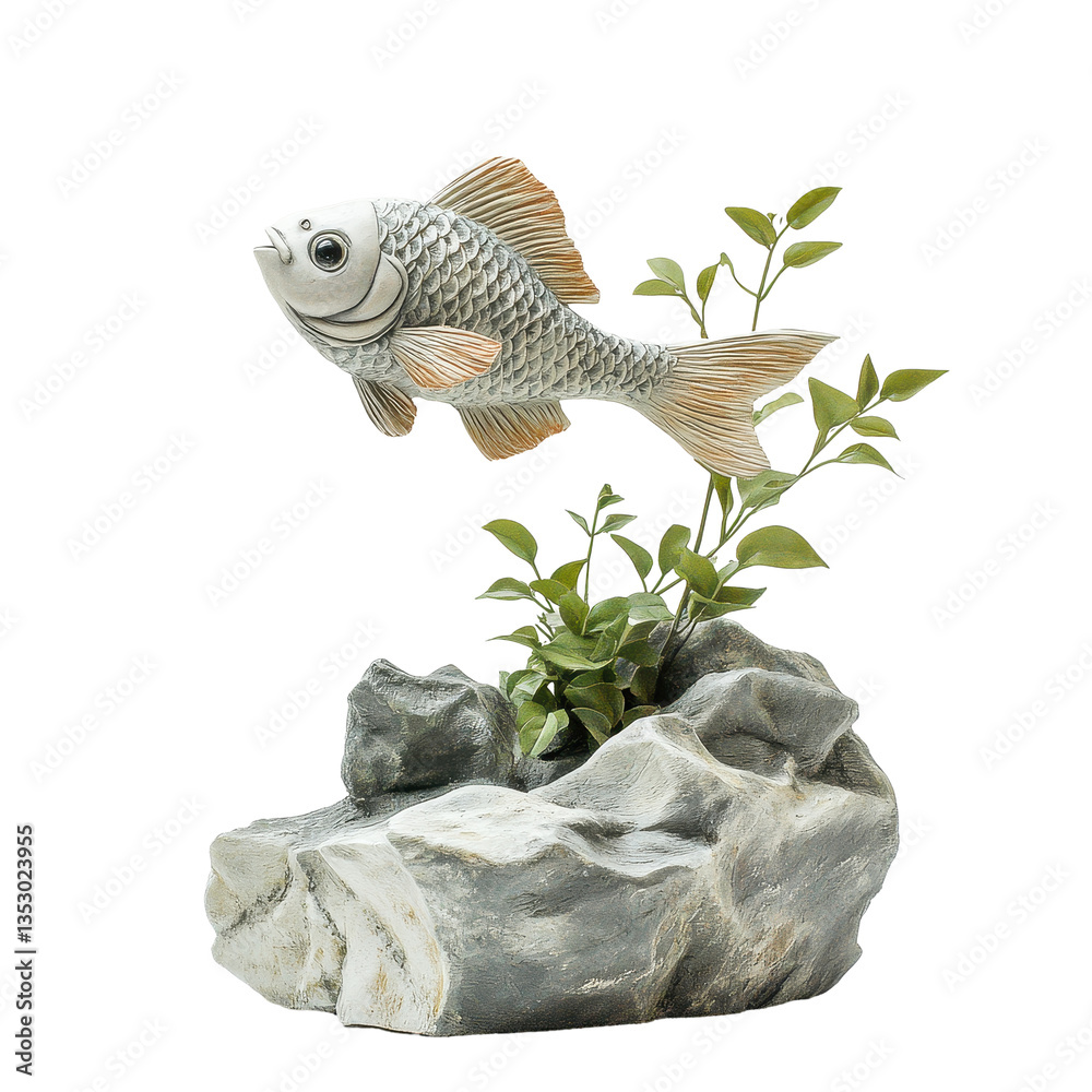 Obraz premium Sculpture of a fish on a rock with a plant against a Transparent background, sculpture a fish on a rock with a plant, PNG background